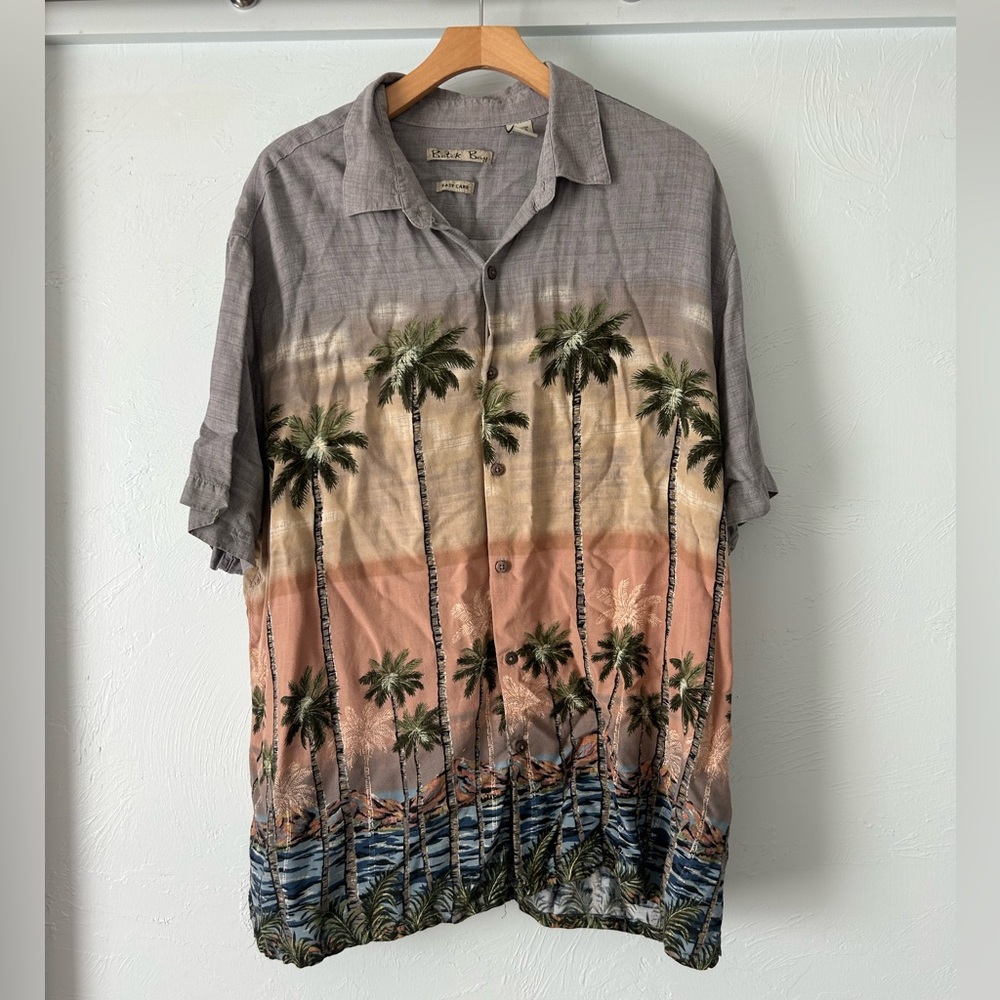 Gray and Multicolor Batick Bay Palm Tree Hawaiian Button Down Shirt